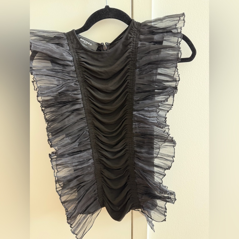 Rochas Sheer Black Ruffled Blouse. Size 40